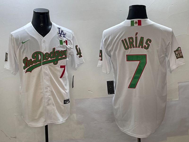 Men Los Angeles Dodgers 7 Urias White Green Game 2025 Nike MLB Jersey style 3203